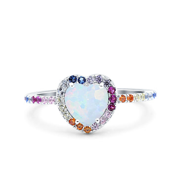 Heart Art Deco Multi Color Wedding Bridal Ring Lab Created White Opal 925 Sterling Silver
